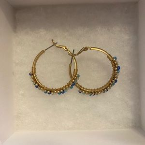 Gold and blue beaded hoop earrings